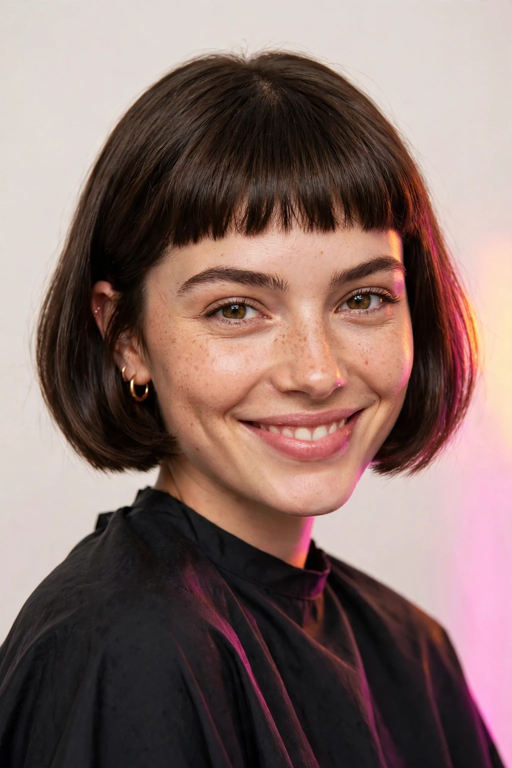 Woman with bob and baby bangs, short retro fringe, playful chic light.