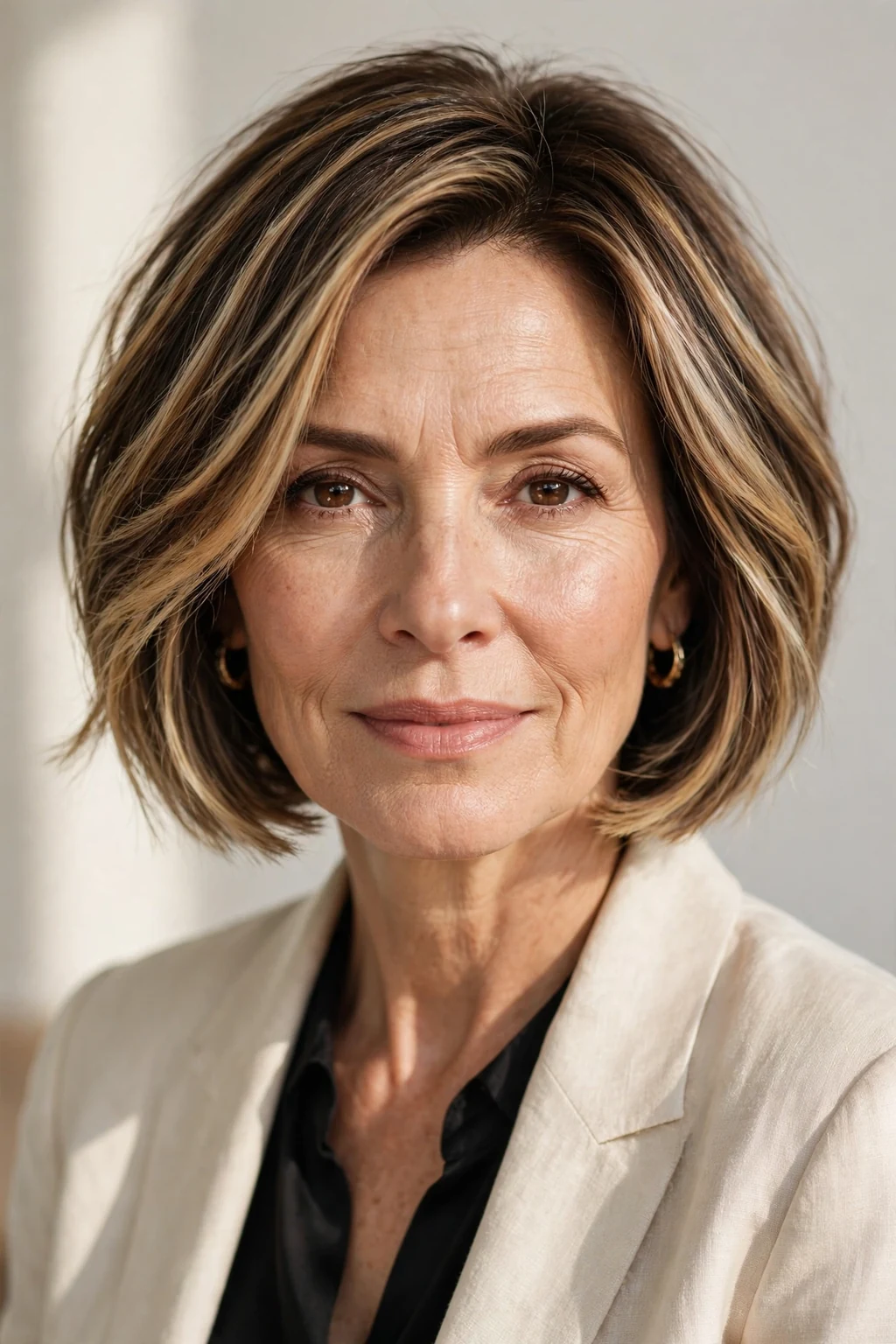 Elegant woman over 50 with balayage bob, hand-painted dimensional color, sunlit photo.