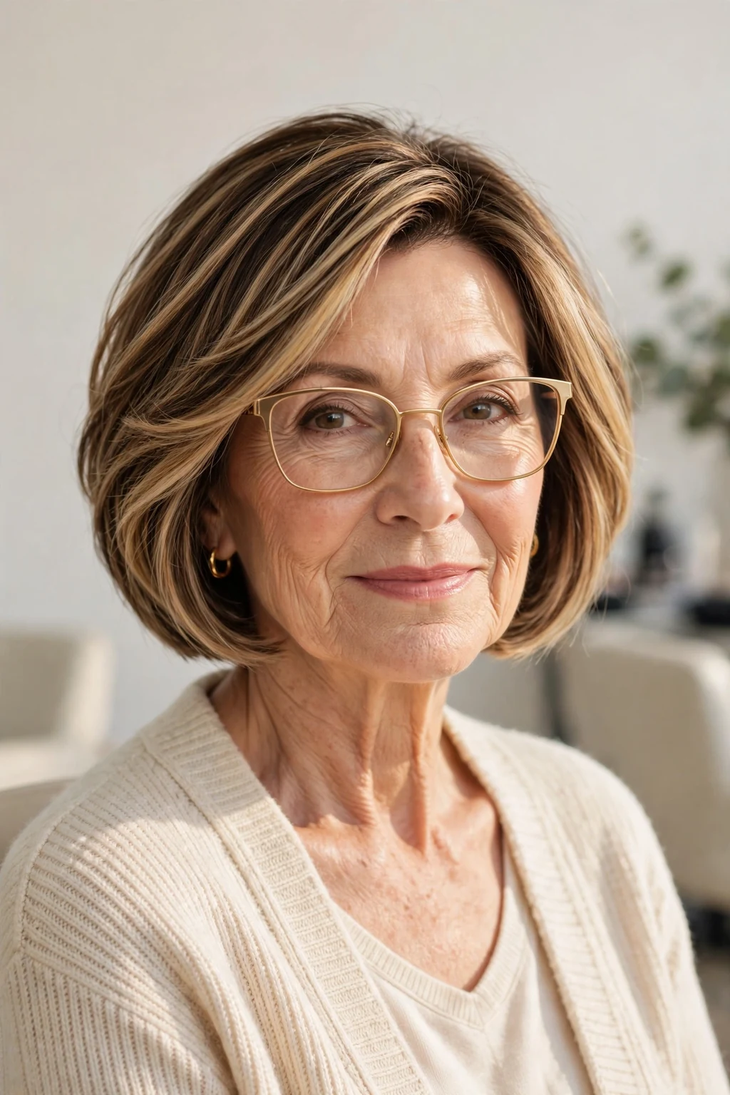 Elegant woman over 60 with glasses and balayage bob, hand-painted dimensional color, sunlit photo.