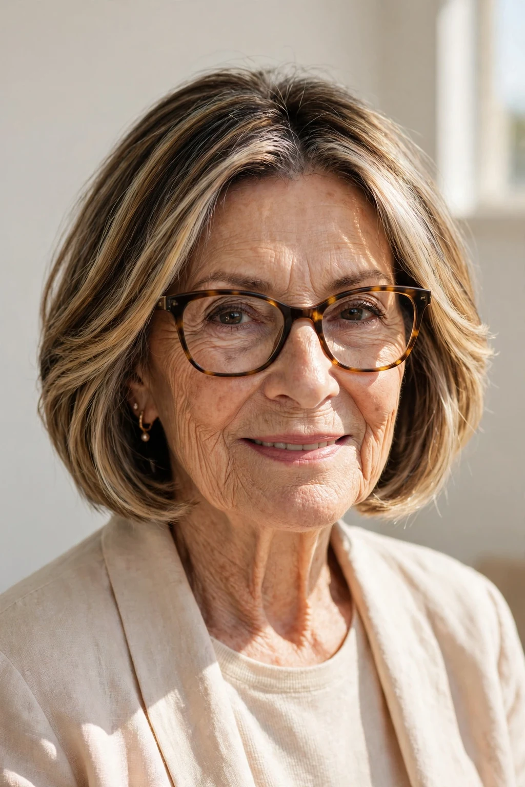 Elegant woman over 70 with glasses and balayage bob, hand-painted dimensional color, sunlit photo.