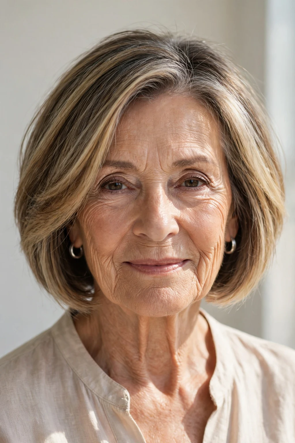 Elegant woman over 70 with balayage bob, hand-painted dimensional color, sunlit photo.