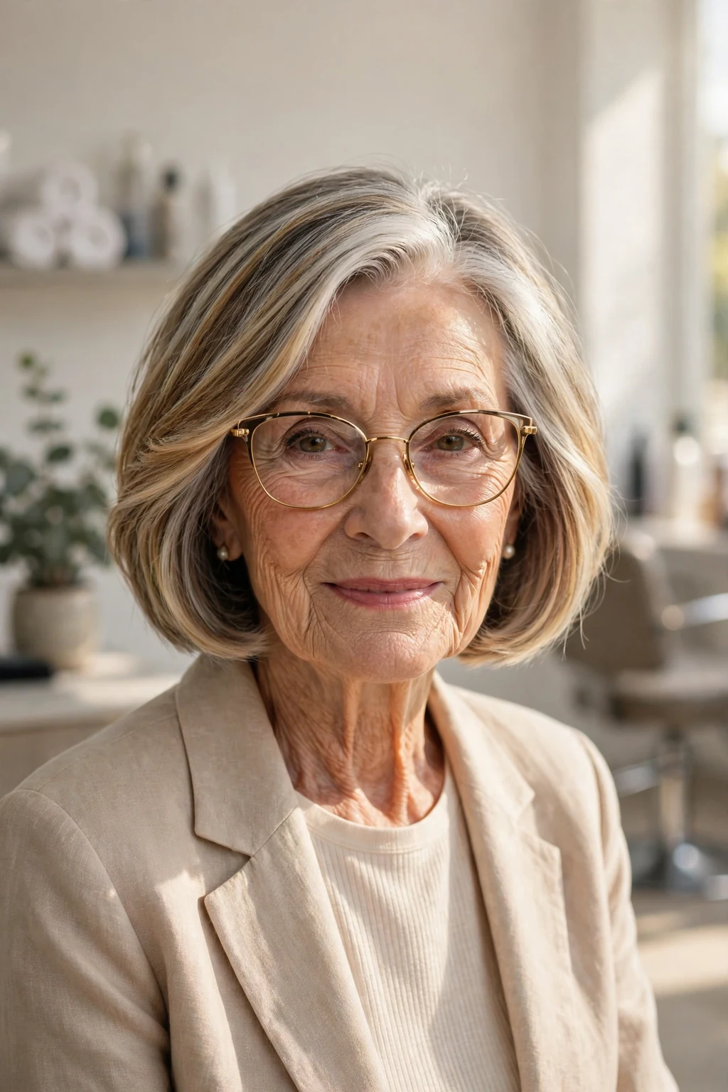 Elegant woman over 80 with glasses and balayage bob, hand-painted dimensional color, sunlit photo.
