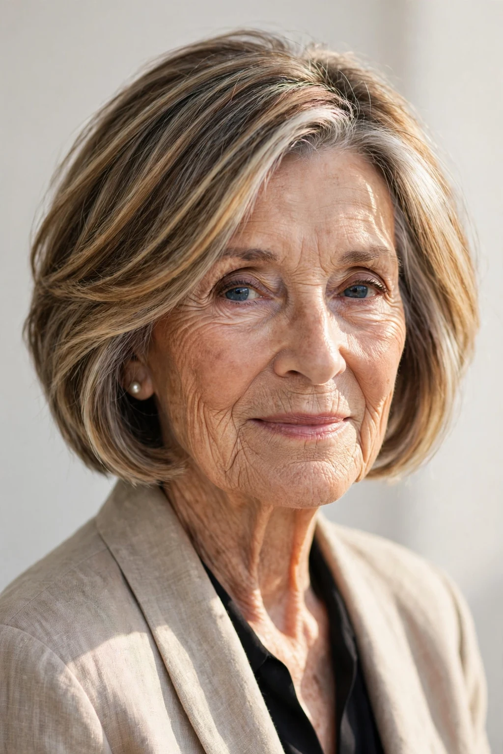 Elegant woman over 80 with balayage bob, hand-painted dimensional color, sunlit photo.