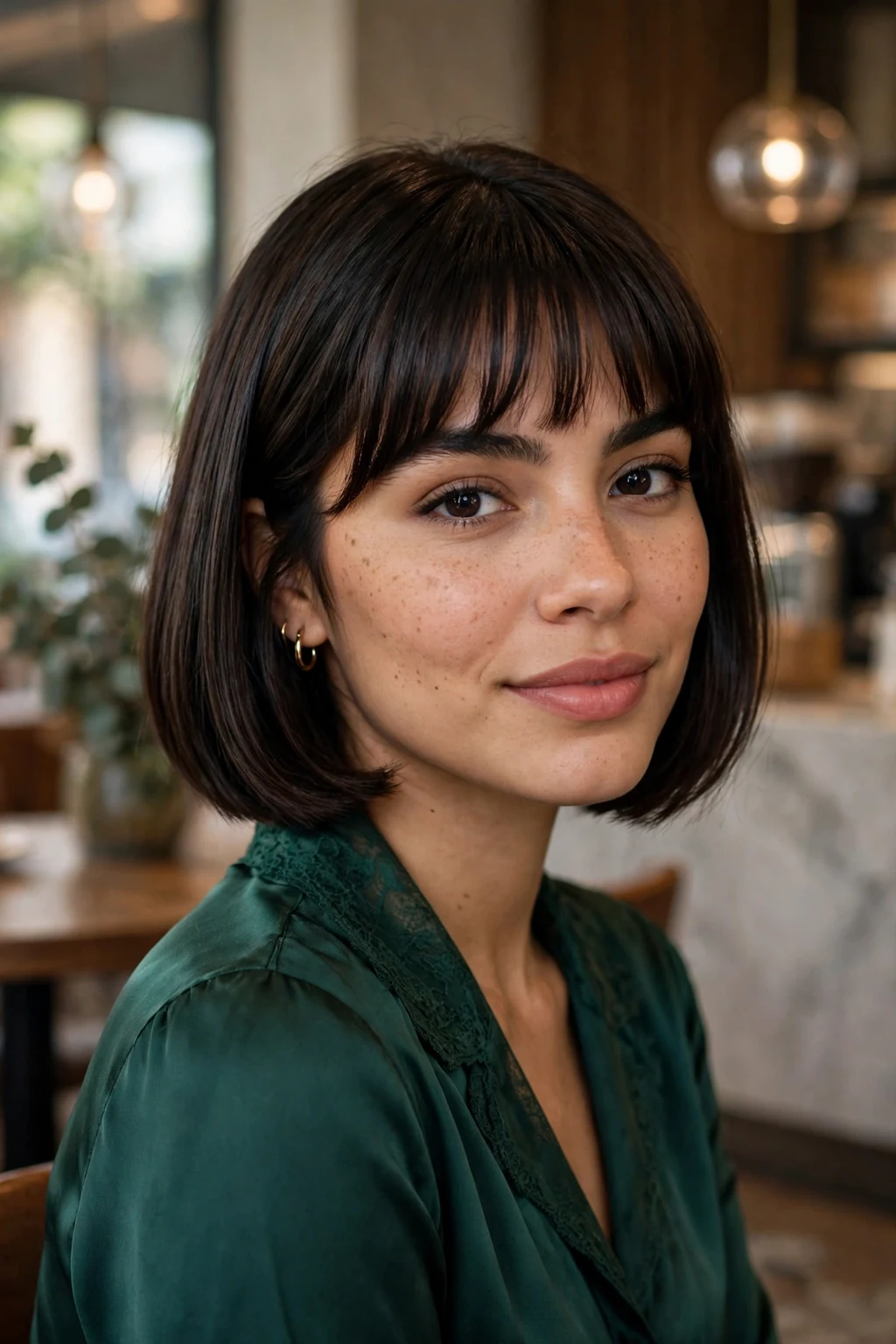 Beautiful woman with bob with bangs, classic bob with bangs, elegant light.