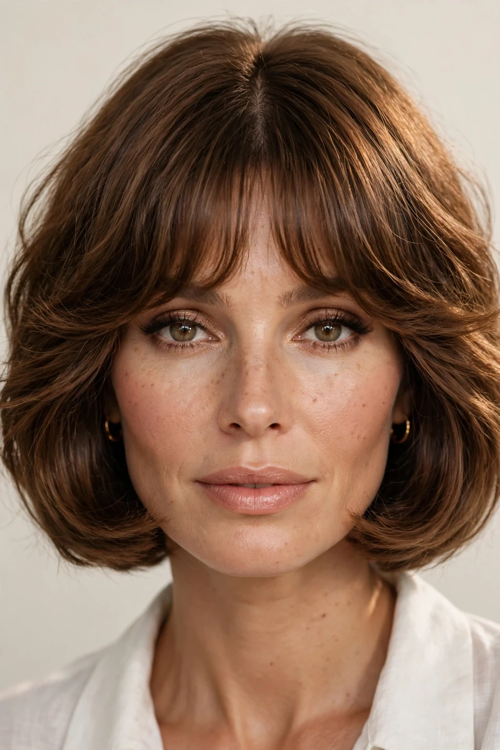 Woman with bob and bardot bangs, seventies-inspired parted fringe, glamorous light.