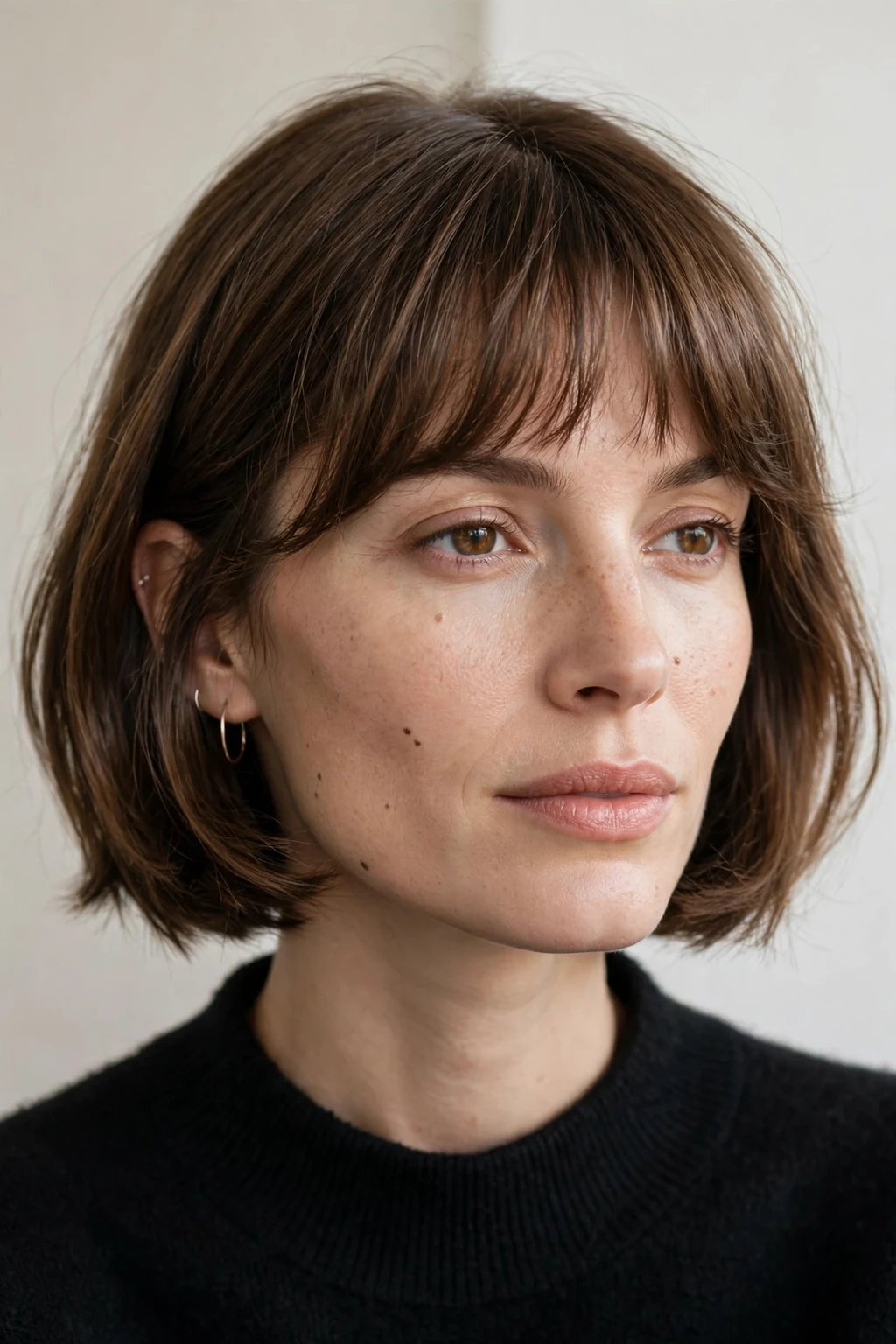 Woman with bob and birkin bangs, french-girl wispy fringe, parisian chic light.