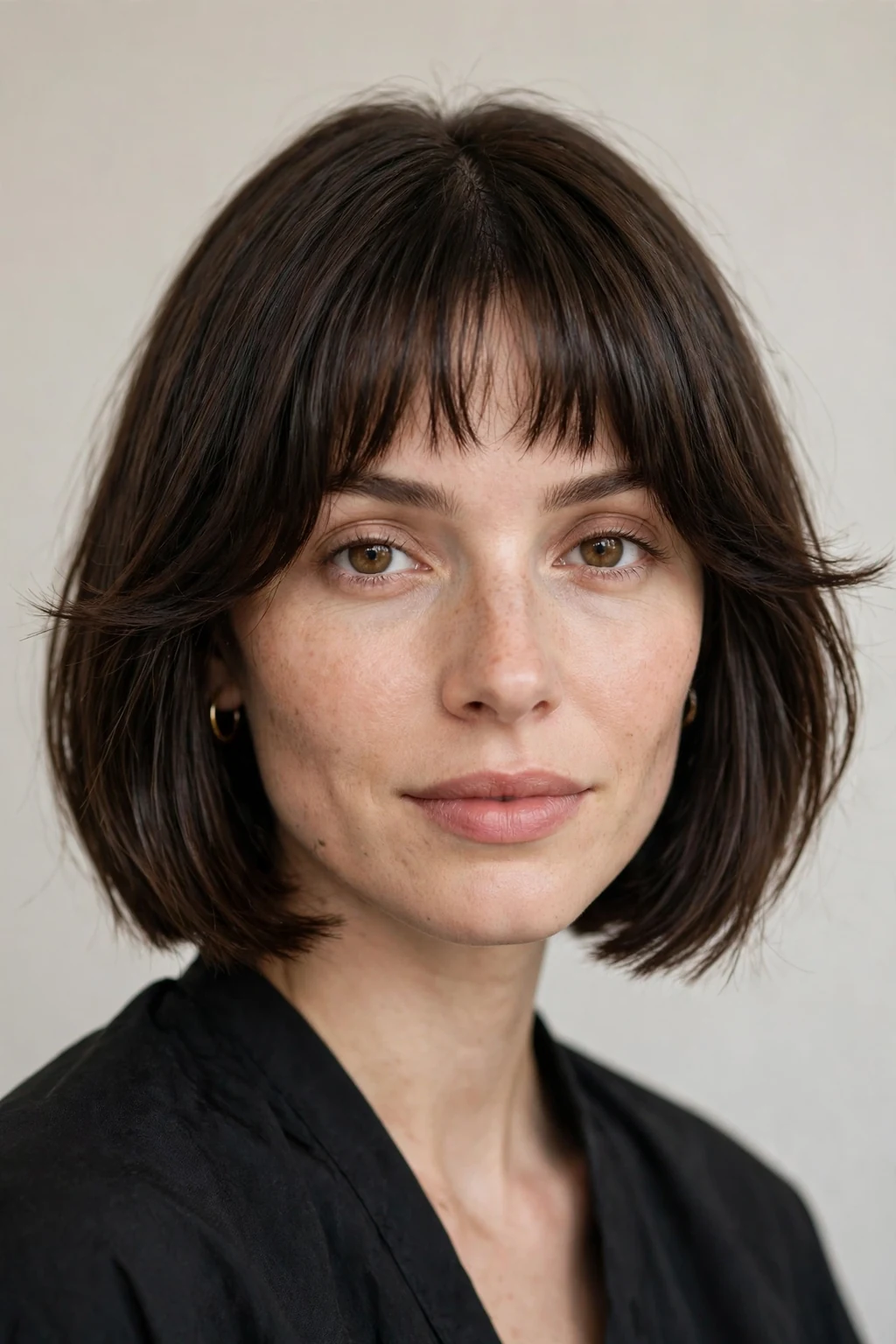 Woman with bob and bottleneck bangs, trendy narrow fringe, stylish light.