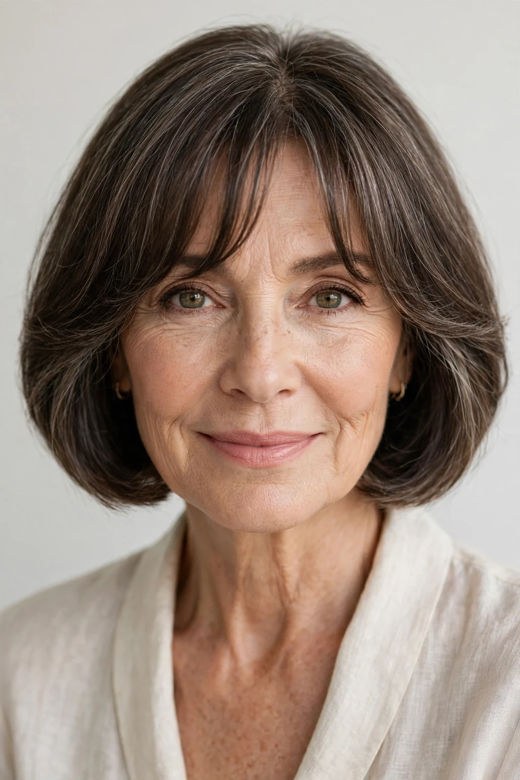 Elegant woman over 50 with bob with curtain bangs, soft parted fringe, flattering light.