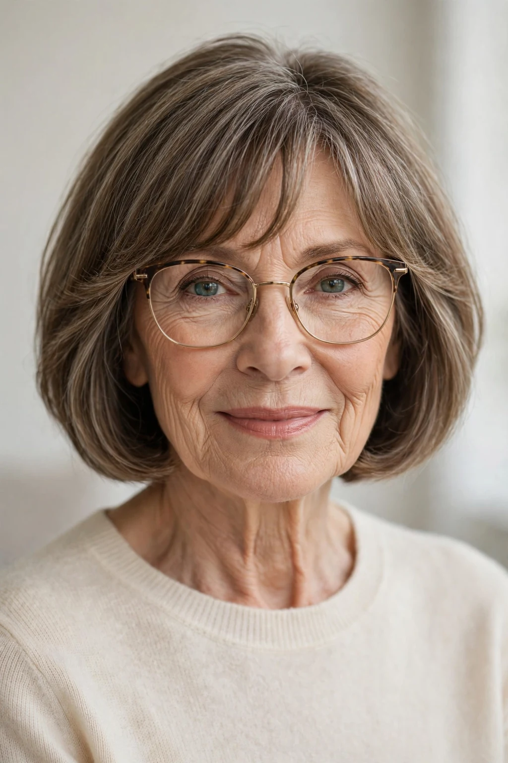 Elegant woman over 60 with glasses and bob with curtain bangs, soft parted fringe, flattering light.