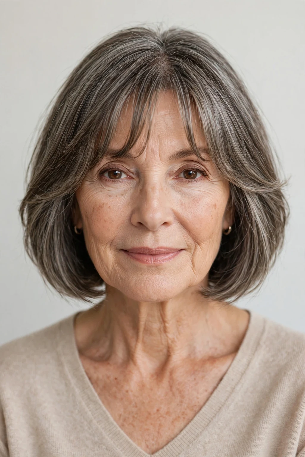 Elegant woman over 60 with bob and curtain bangs, soft parted fringe, flattering light.