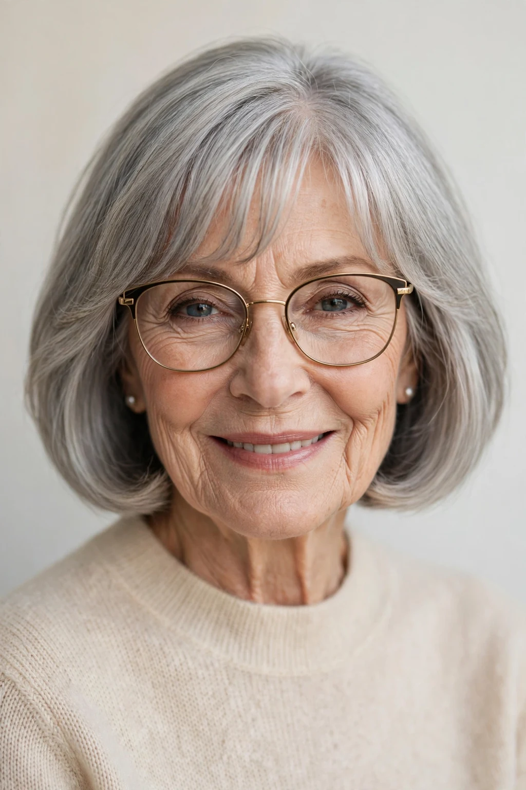 Elegant woman over 70 with glasses and bob with curtain bangs, soft parted fringe, flattering light.