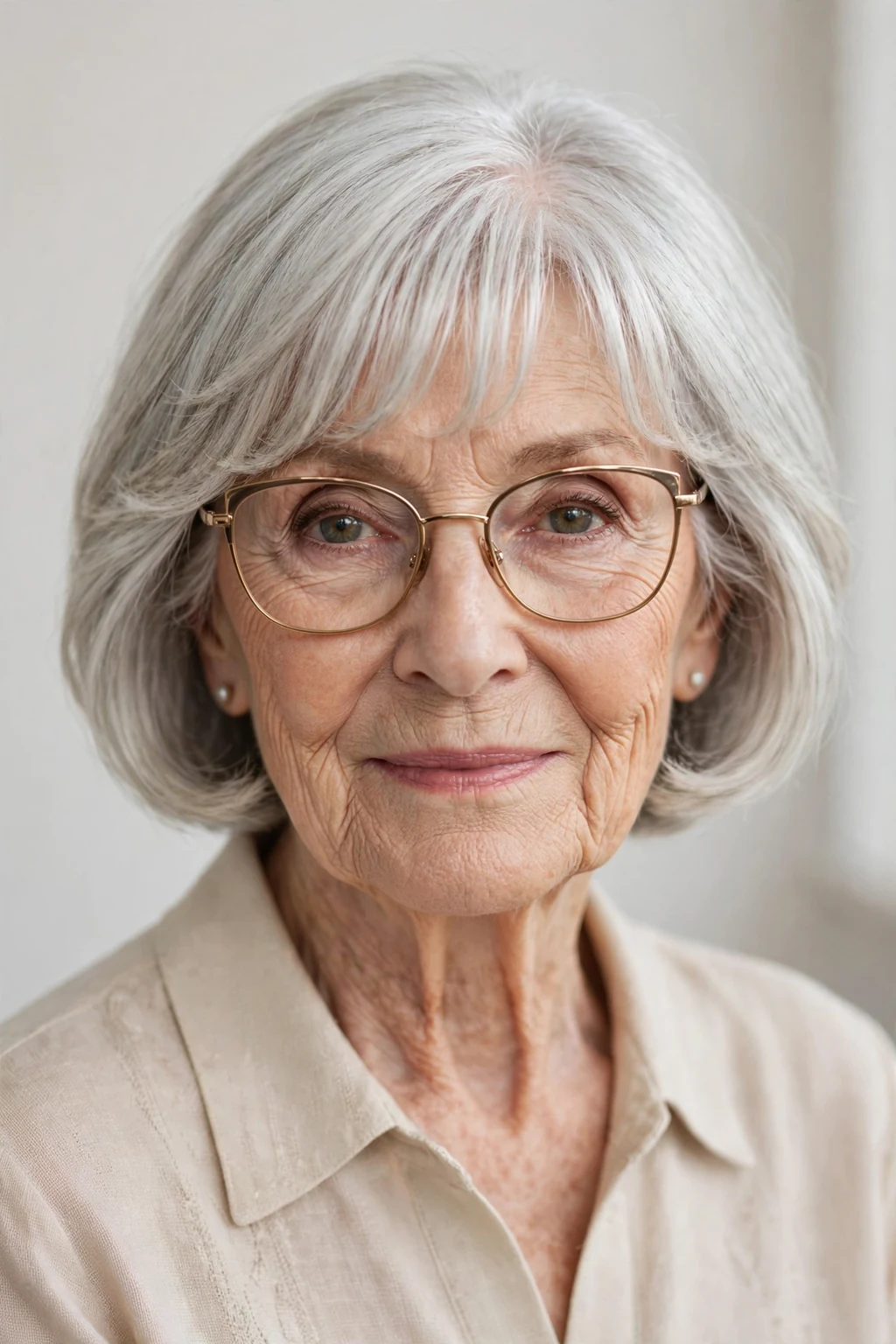 Elegant woman over 80 with glasses and bob with curtain bangs, soft parted fringe, flattering light.