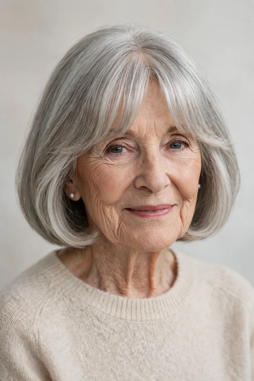 Elegant woman over 80 with bob and curtain bangs, soft parted fringe, flattering light.