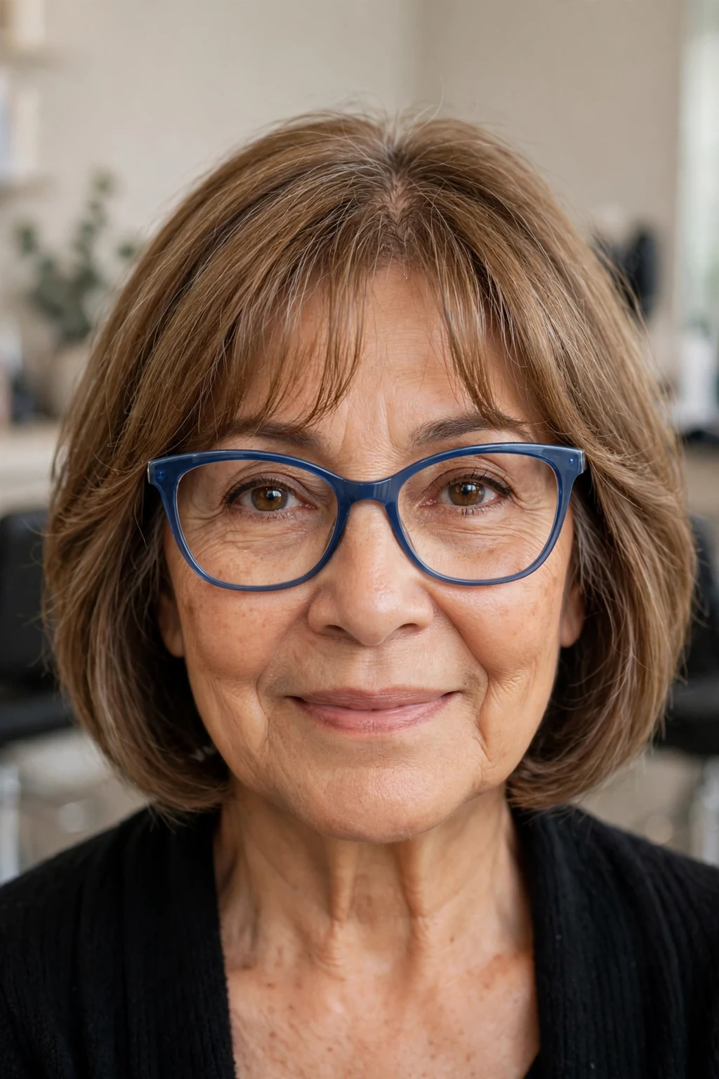 Elegant woman over 50 with fine hair and glasses and bob with curtain bangs, soft parted fringe, flattering light.