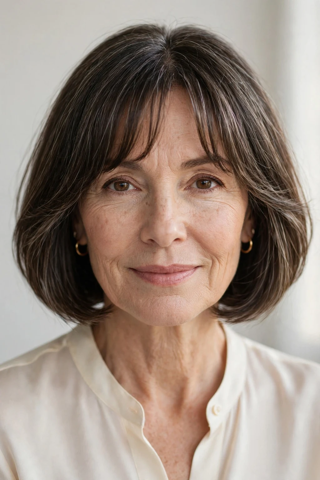 Elegant woman over 50 with bob with curtain bangs, soft parted fringe, flattering light.