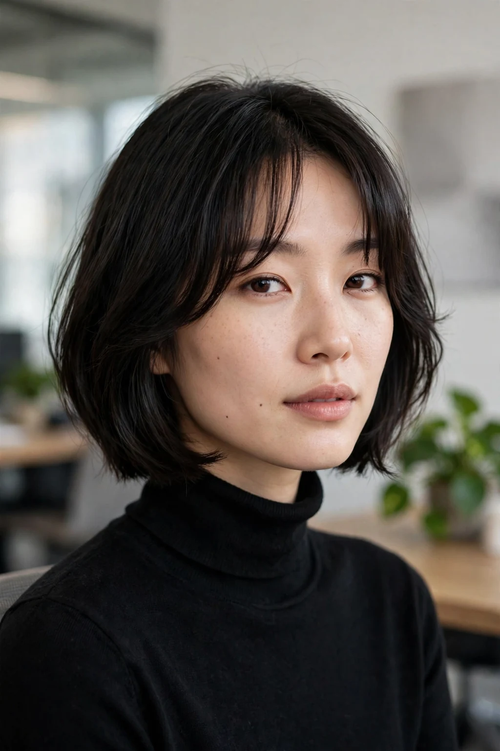 Beautiful woman with bob and curtain bangs, chic bob with curtain bangs, chic light.