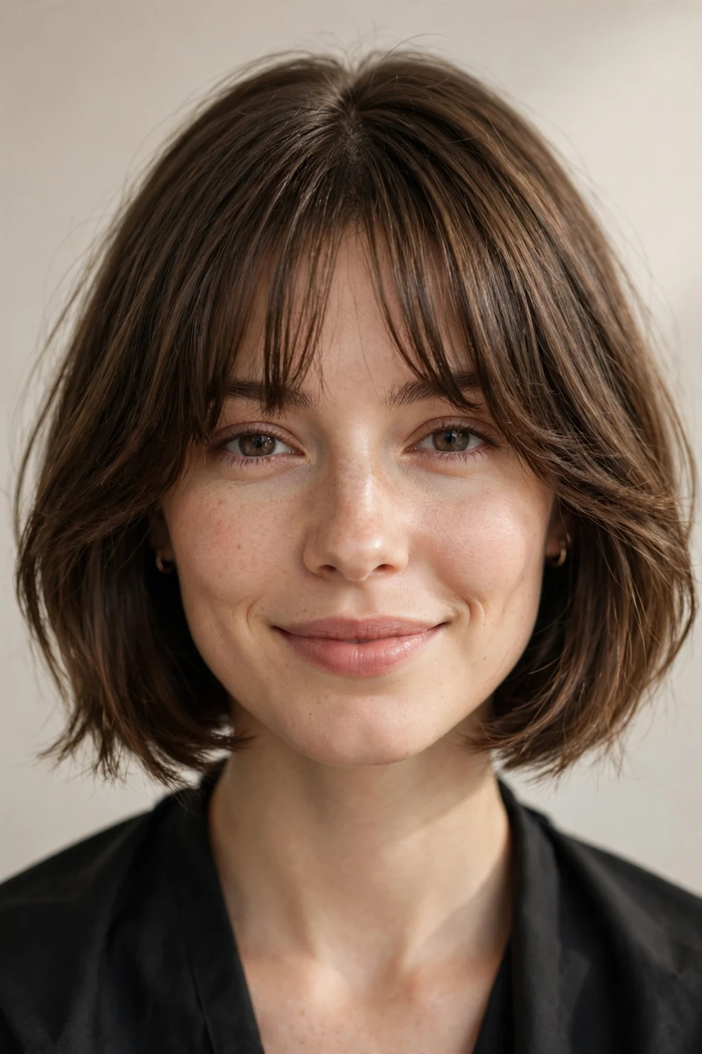Woman with bob and curtain bangs, parted face-framing fringe, soft flattering light.