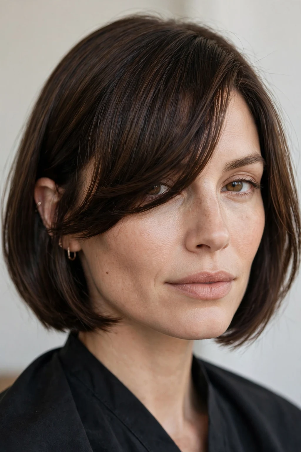 Woman with bob and deep side bangs, dramatic sweeping fringe, elegant light.