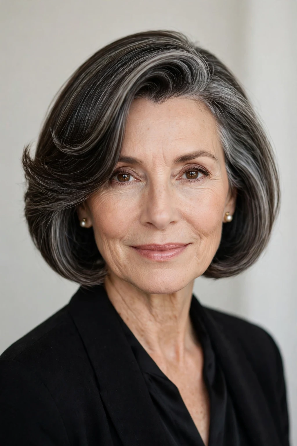 Elegant woman over 50 with bob with deep side part, dramatic elegant sweep, refined light.