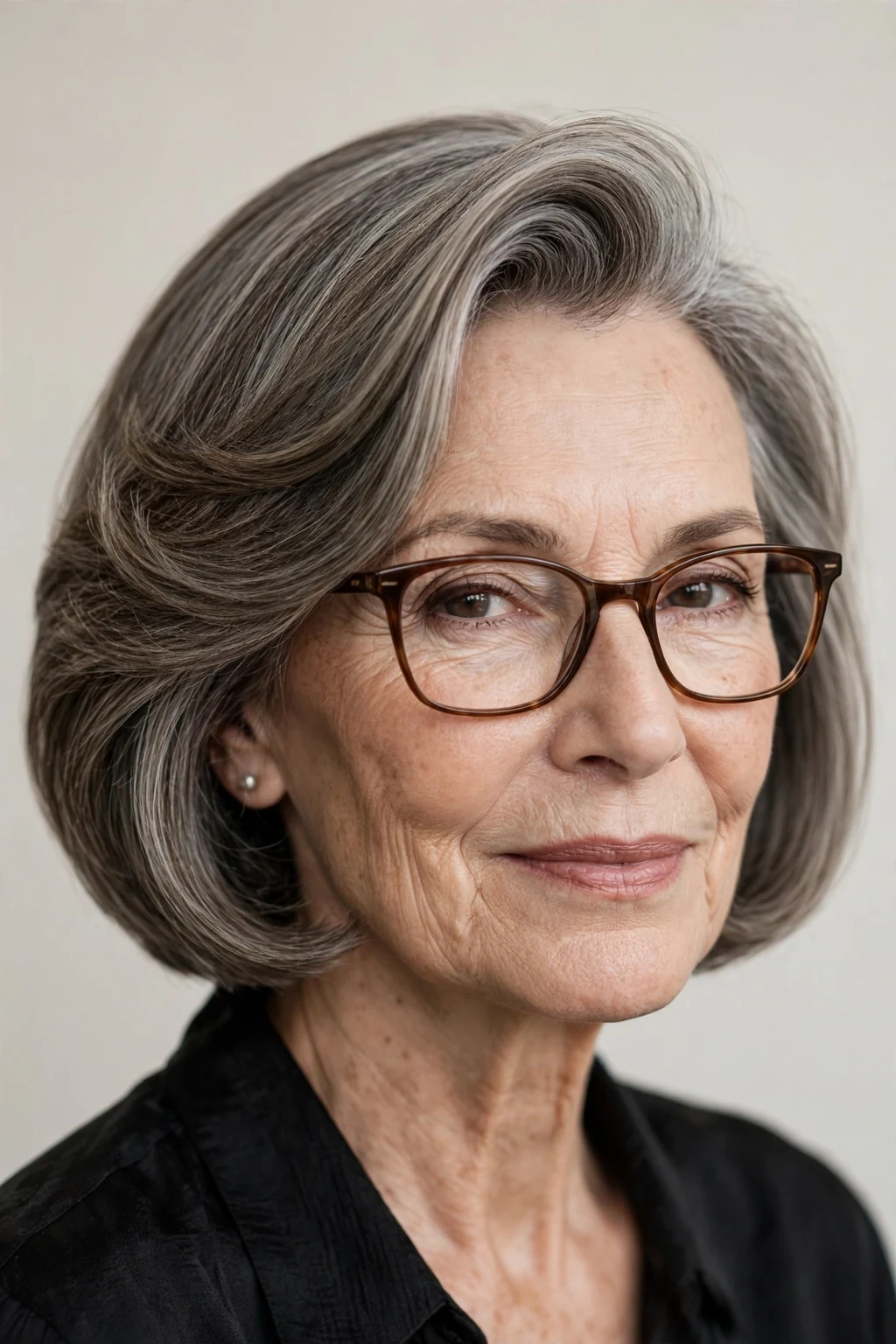 Elegant woman over 60 with glasses and bob with deep side part, dramatic elegant sweep, refined light.