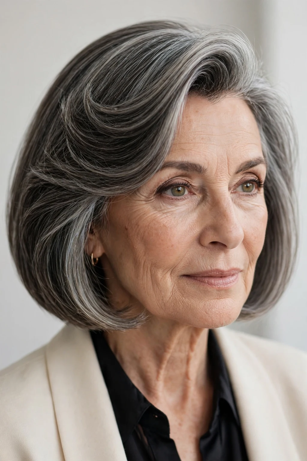 Elegant woman over 60 with deep side part bob, dramatic elegant sweep, refined light.