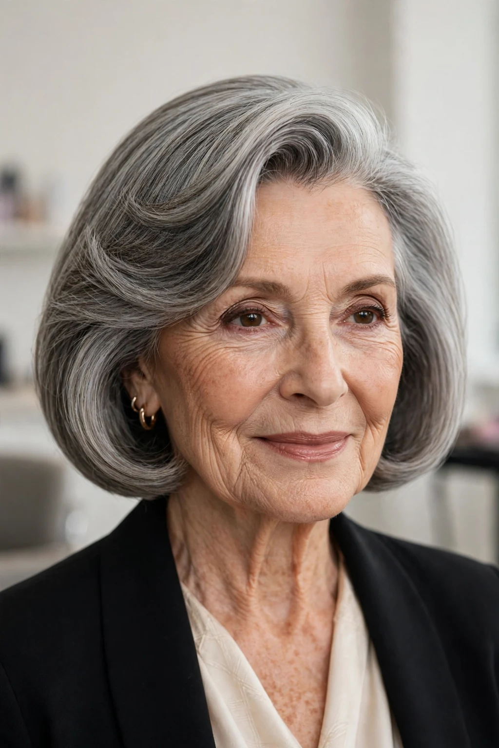 Elegant woman over 70 with bob and deep side part, dramatic elegant sweep, refined light.