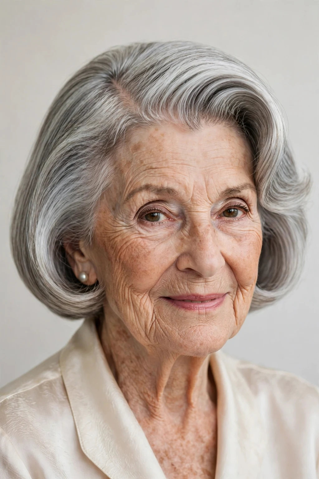 Elegant woman over 80 with bob and deep side part, dramatic elegant sweep, refined light.