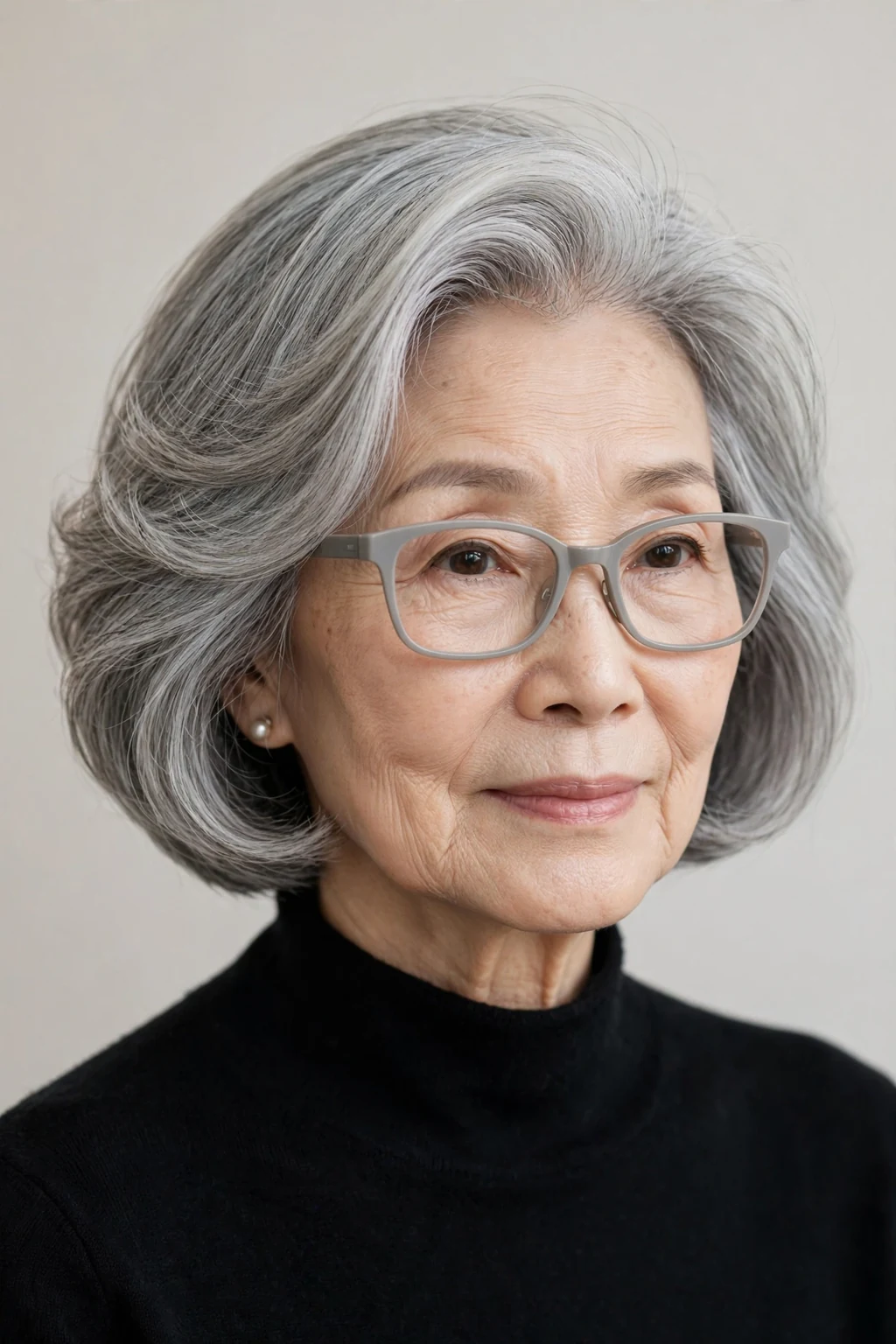 Elegant woman over 50 with fine hair and glasses and bob with deep side part, elegant sweeping volume, refined light.