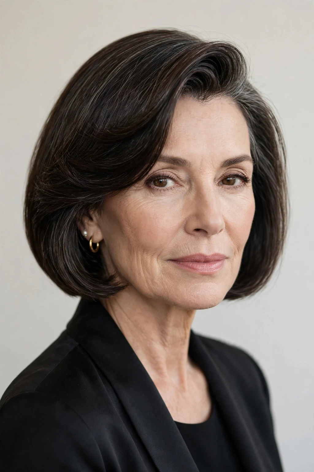 Elegant woman over 50 with bob with deep side part, dramatic elegant sweep, refined light.