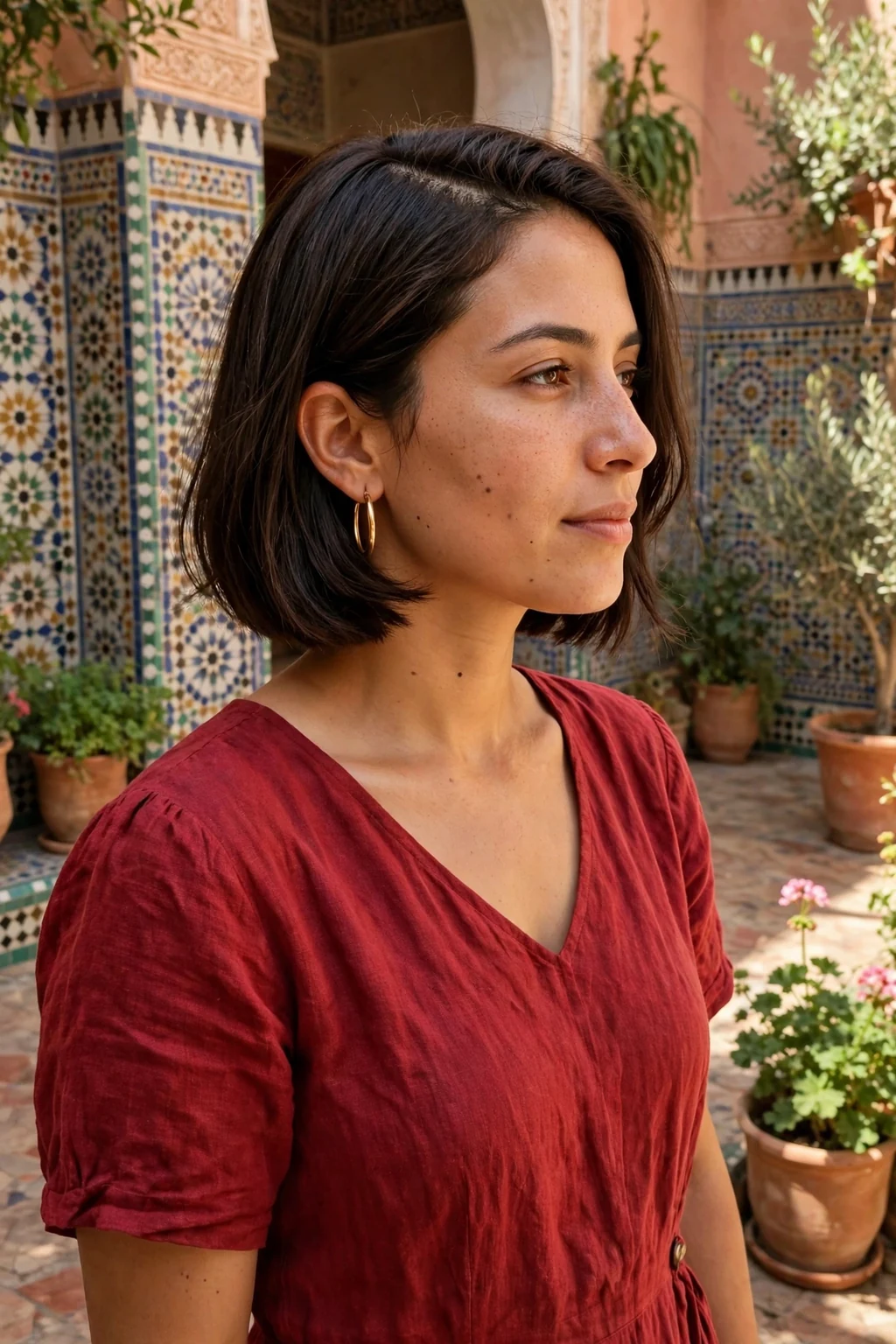 Young woman with a bob styled with a deep side part that creates dramatic volume on one side for fine hair.