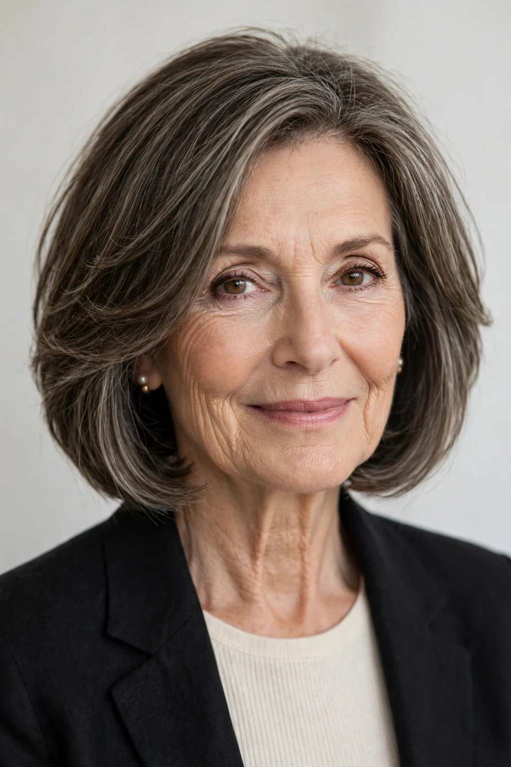 Elegant woman over 60 with face-framing bob layers, contouring pieces, flattering light.