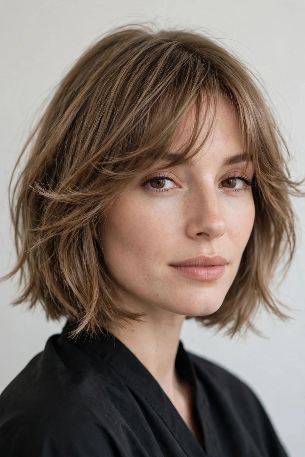 Woman with bob and feathered bangs, soft airy fringe, delicate light.
