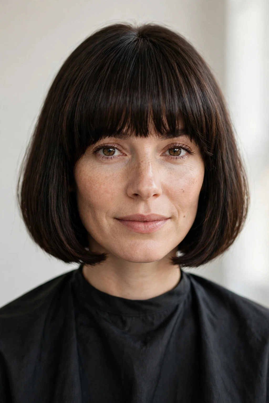 Woman with bob and full fringe, thick statement bangs, striking light.