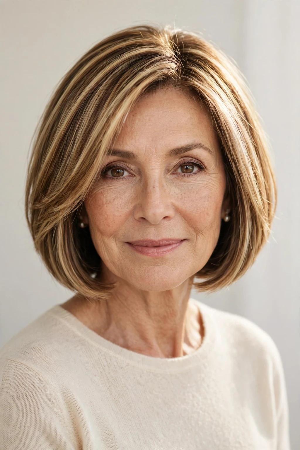 Elegant woman over 50 with highlighted bob, dimensional radiant color, luminous light.