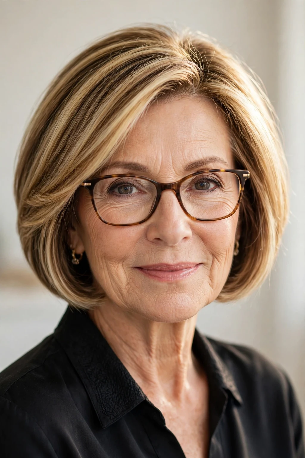 Elegant woman over 60 with glasses and highlighted bob, dimensional radiant color, luminous light.