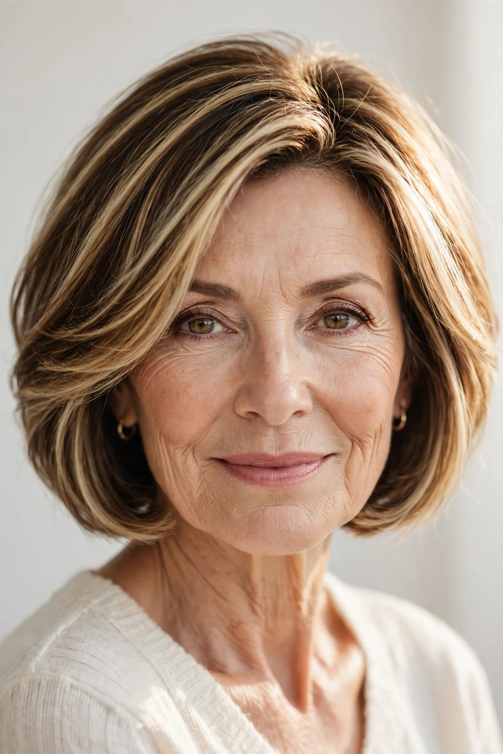 Elegant woman over 60 with highlighted bob, dimensional radiant color, luminous light.