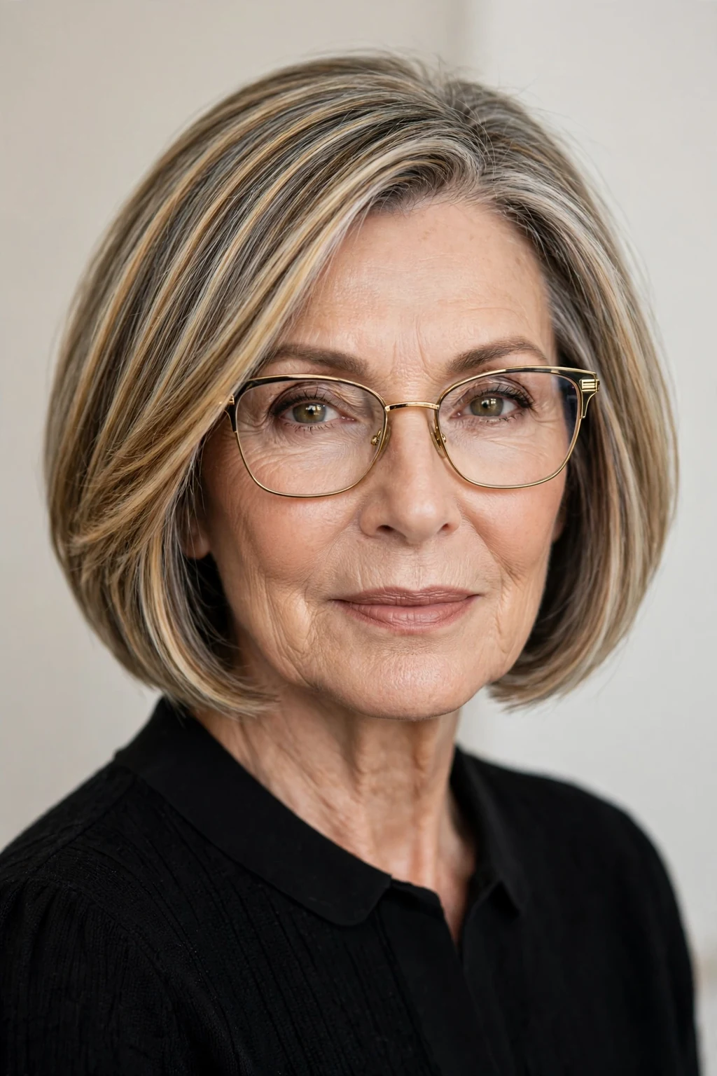 Elegant woman over 70 with glasses and highlighted bob, dimensional radiant color, luminous light.