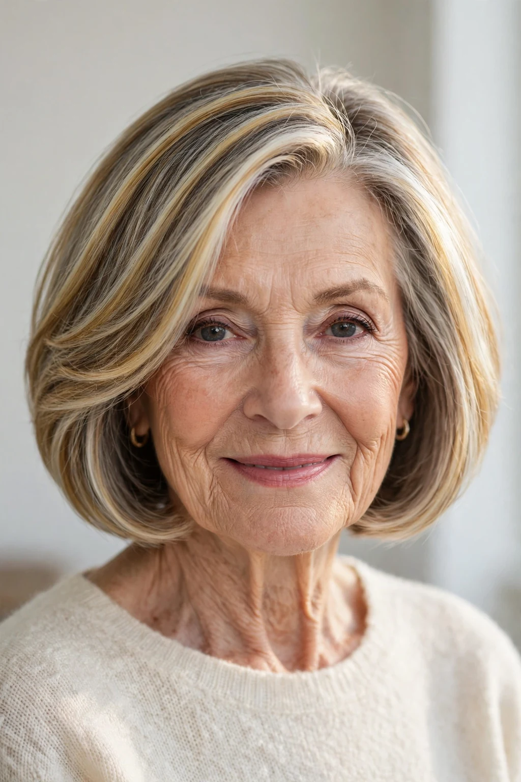 Elegant woman over 70 with highlighted bob, dimensional radiant color, luminous light.