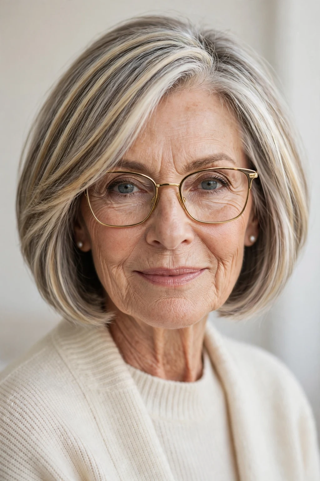Elegant woman over 80 with glasses and highlighted bob, dimensional radiant color, luminous light.