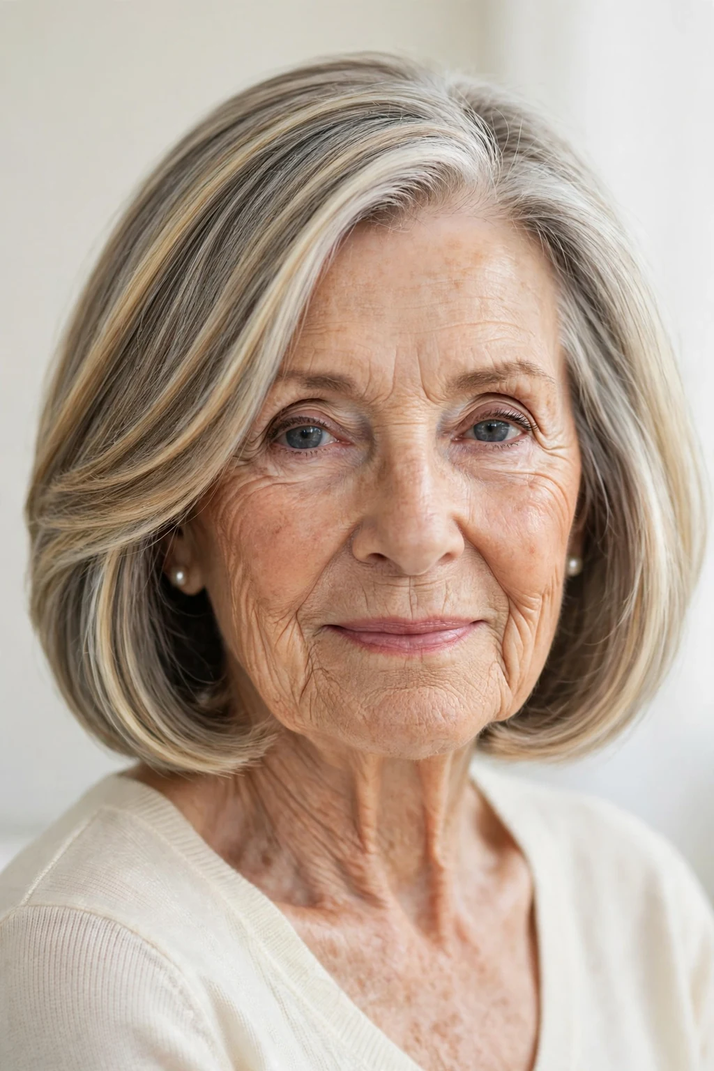 Elegant woman over 80 with highlighted bob, dimensional radiant color, luminous light.
