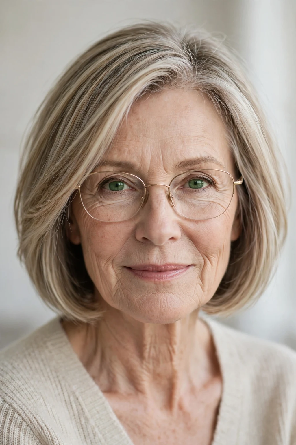 Elegant woman over 50 with fine hair and glasses and highlighted bob, dimensional radiant color, luminous light.