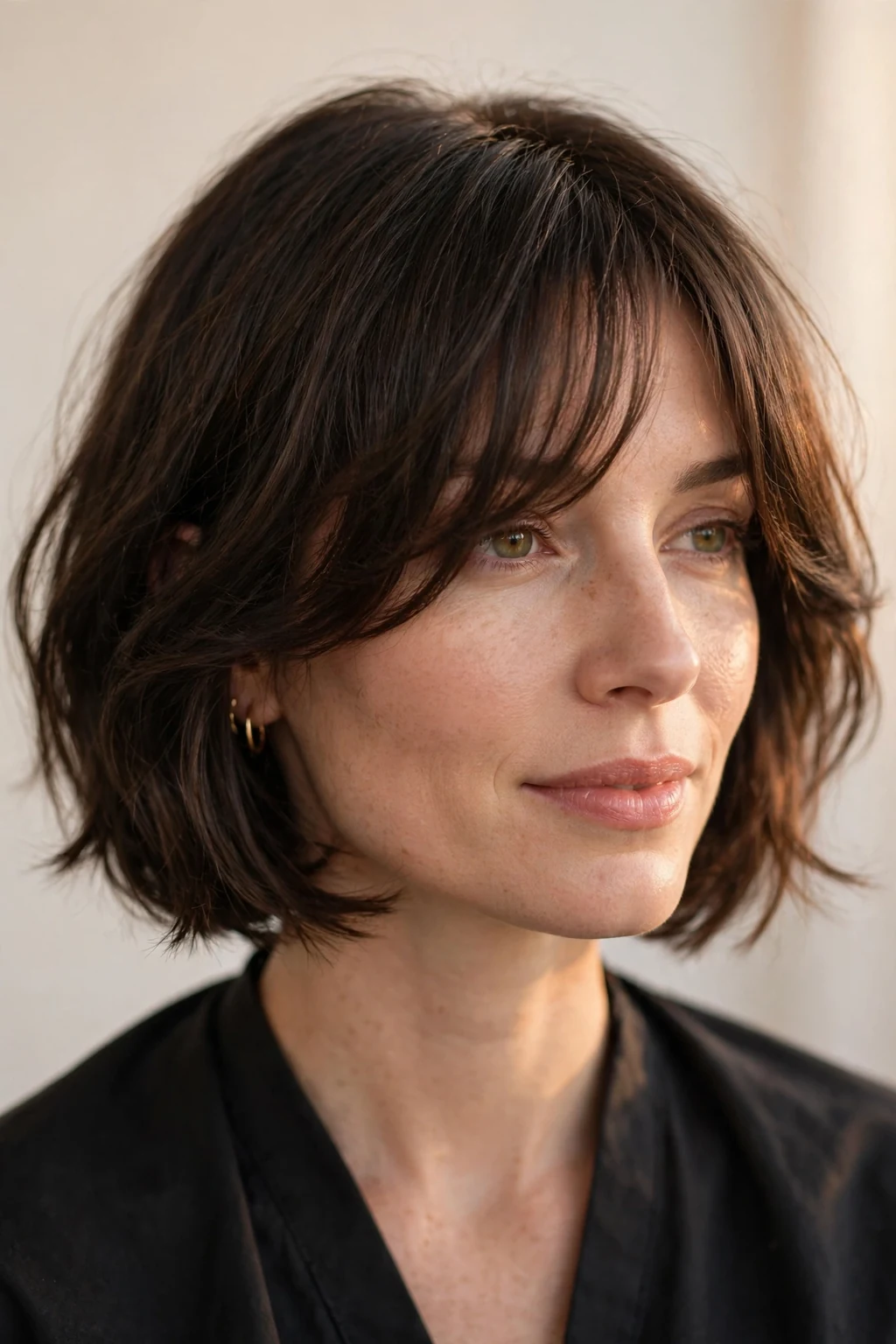 Woman with bob and long bangs, sweeping longer fringe, soft romantic light.