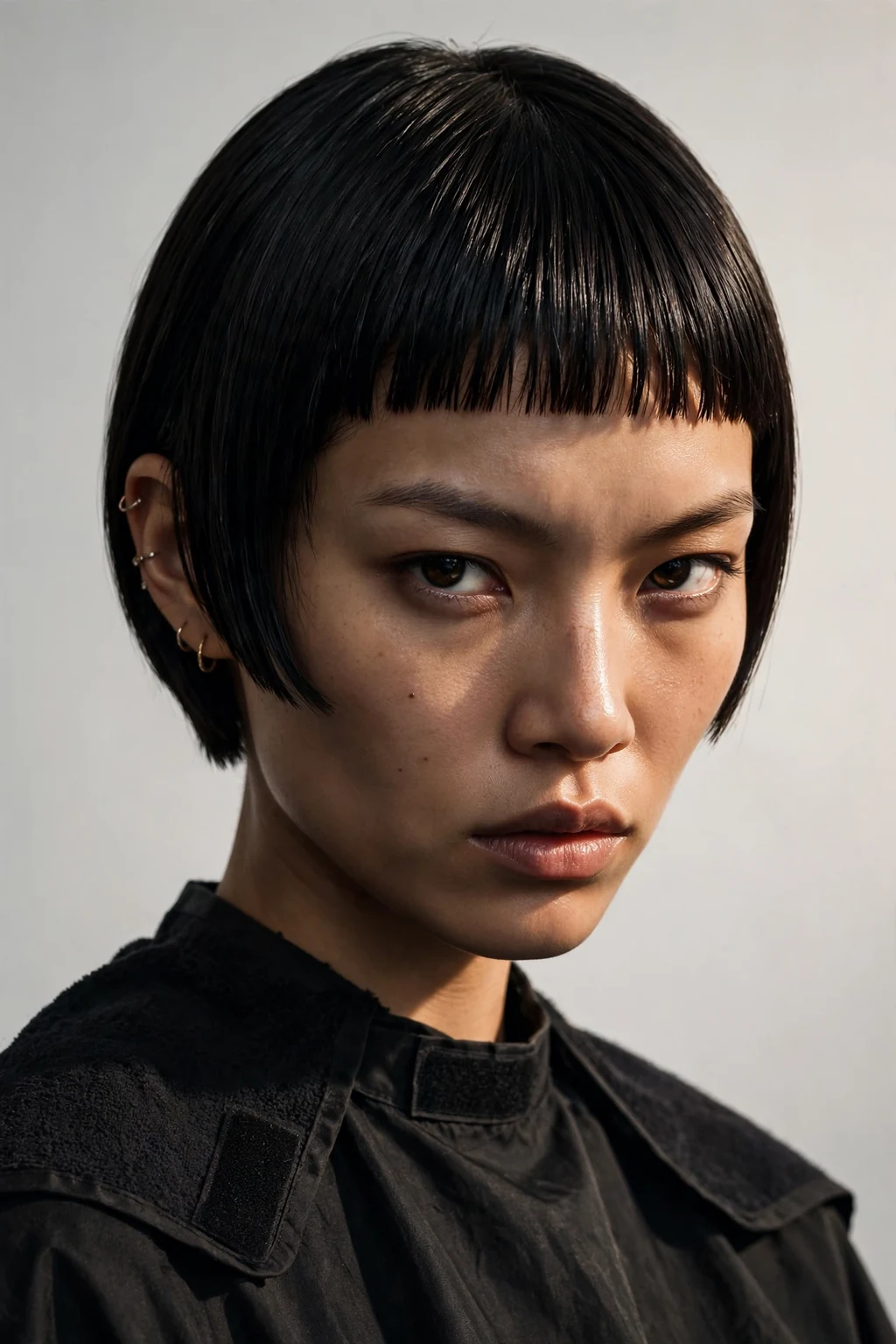 Woman with bob and micro bangs, ultra-short modern fringe, fierce artistic light.