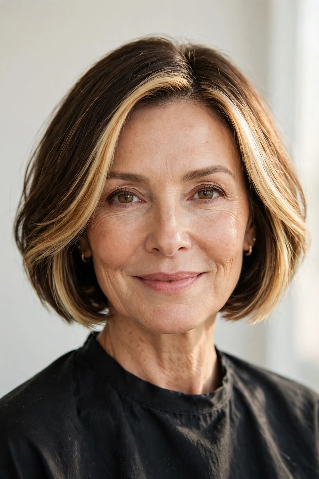 Elegant woman over 50 with bob with money piece, bright face-framing color, radiant light.