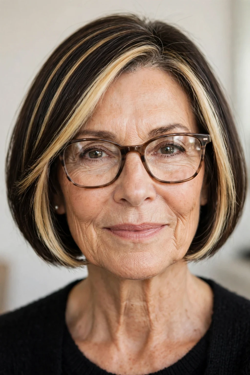 Elegant woman over 60 with glasses and bob with money piece, bright face-framing color, radiant light.
