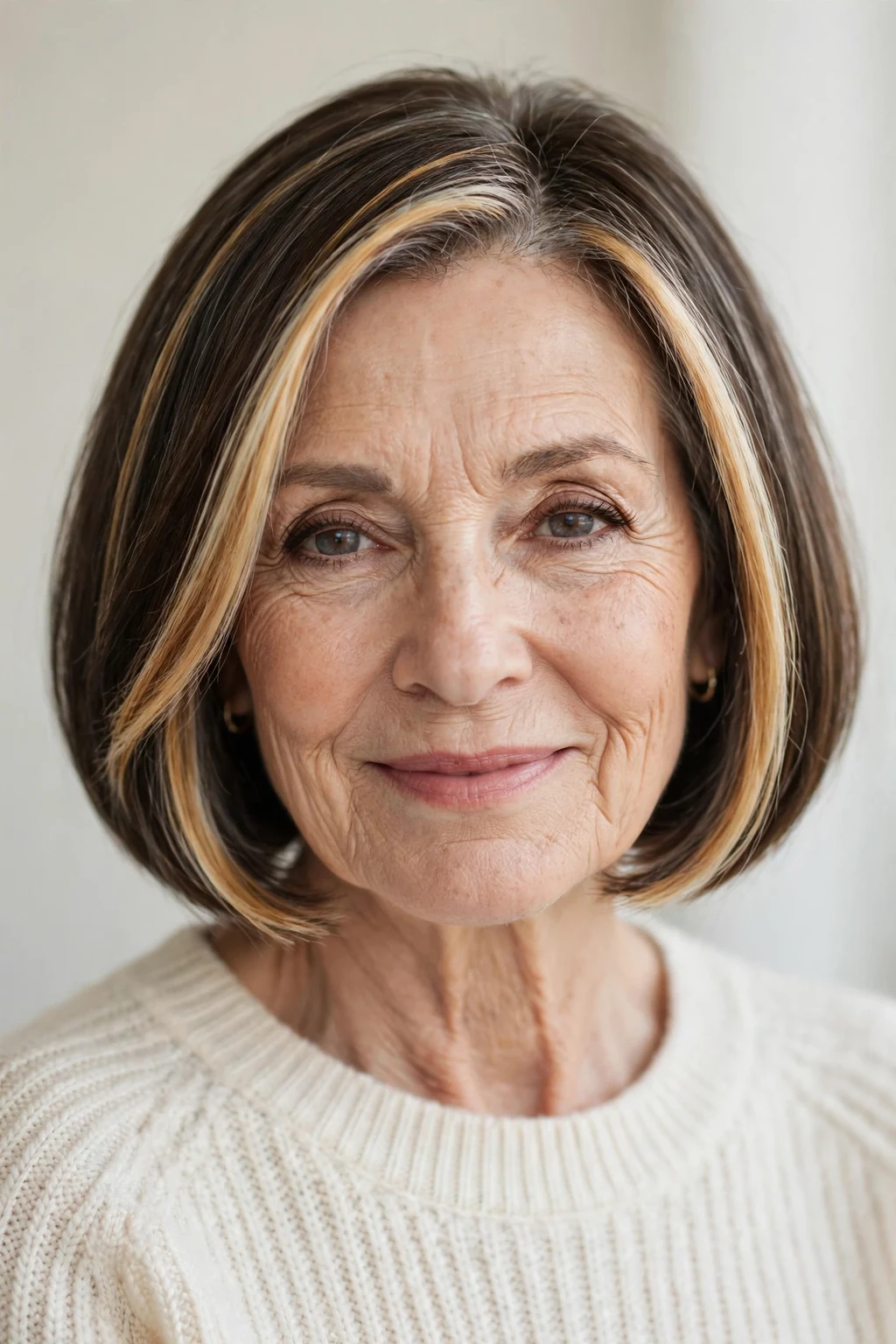 Elegant woman over 60 with money piece bob, bright face-framing color, radiant light.