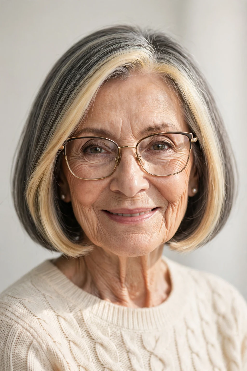 Elegant woman over 70 with glasses and bob with money piece, bright face-framing color, radiant light.