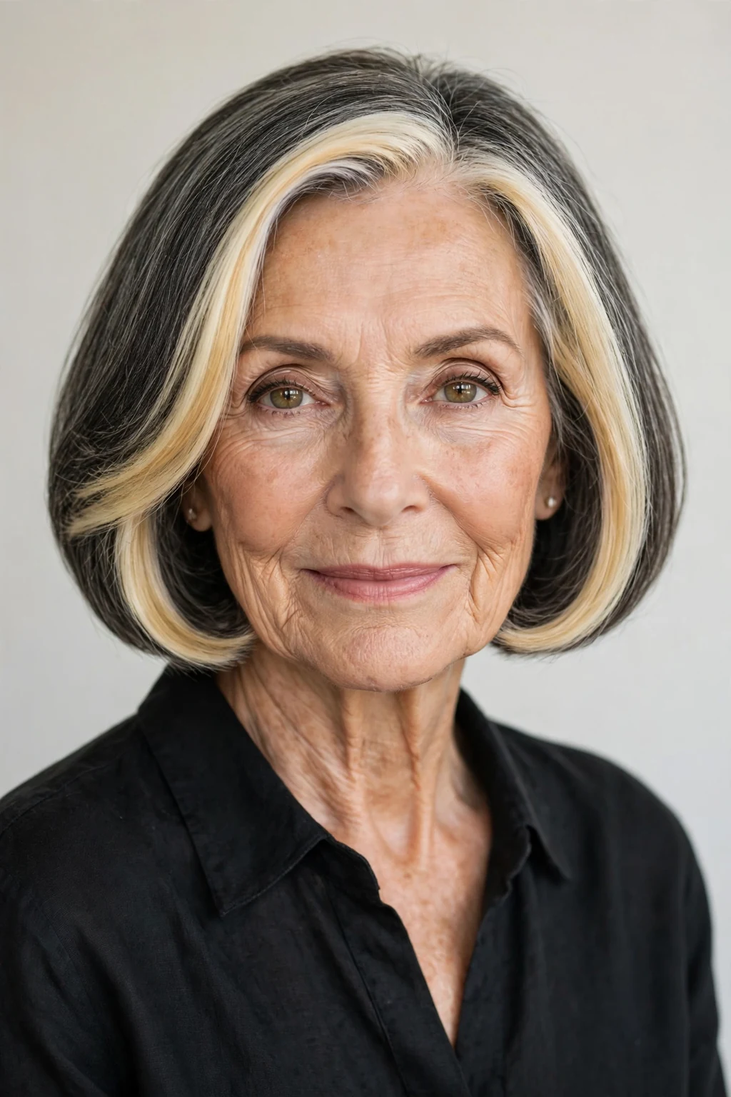 Elegant woman over 70 with bob and money piece, bright face-framing color, radiant light.
