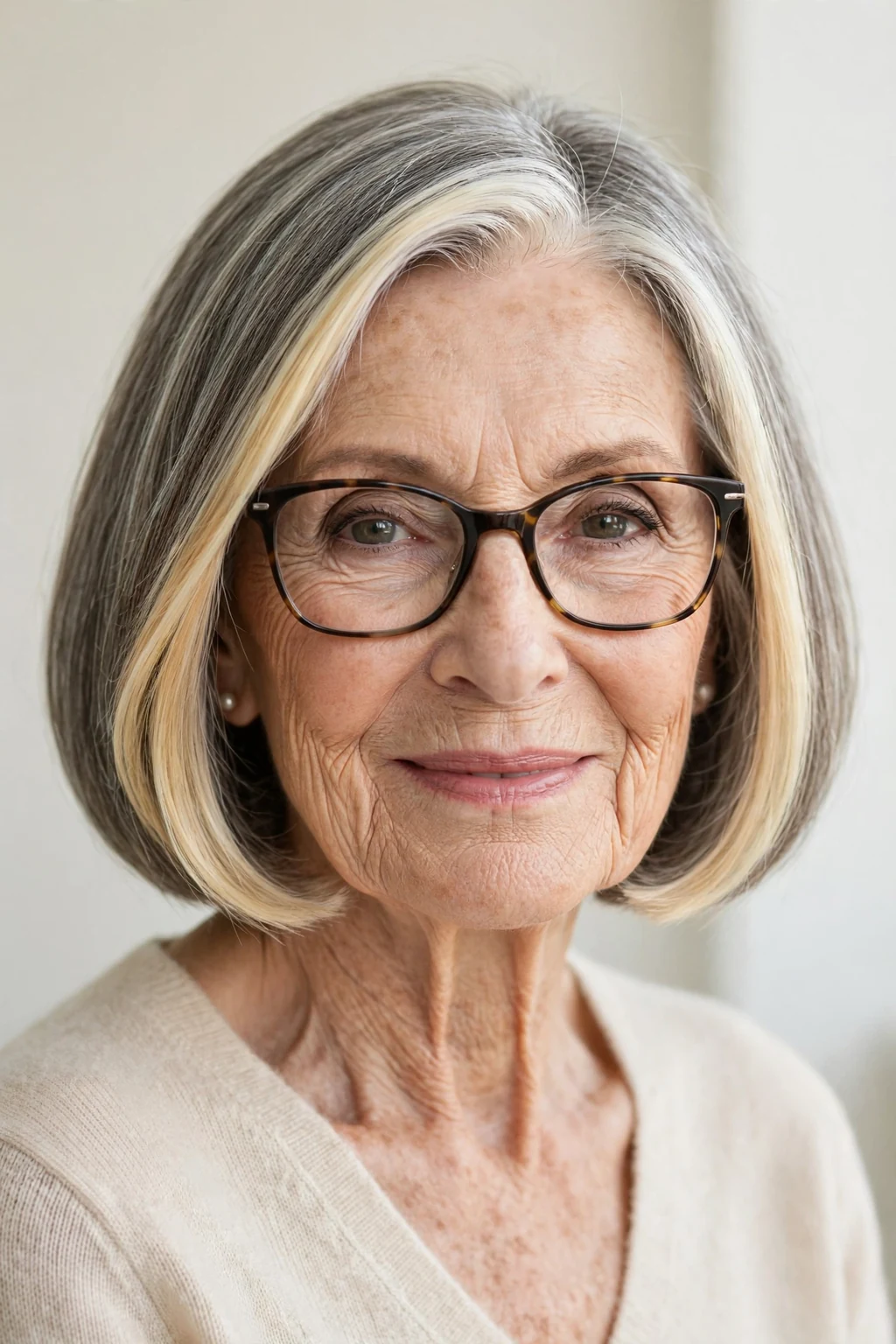 Elegant woman over 80 with glasses and bob with money piece, bright face-framing color, radiant light.