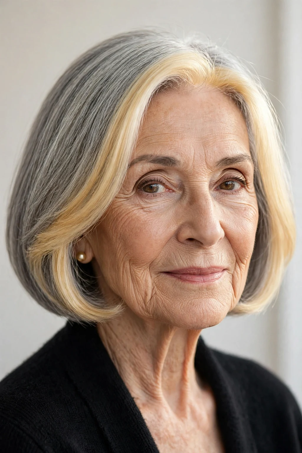 Elegant woman over 80 with bob and money piece, bright face-framing color, radiant light.